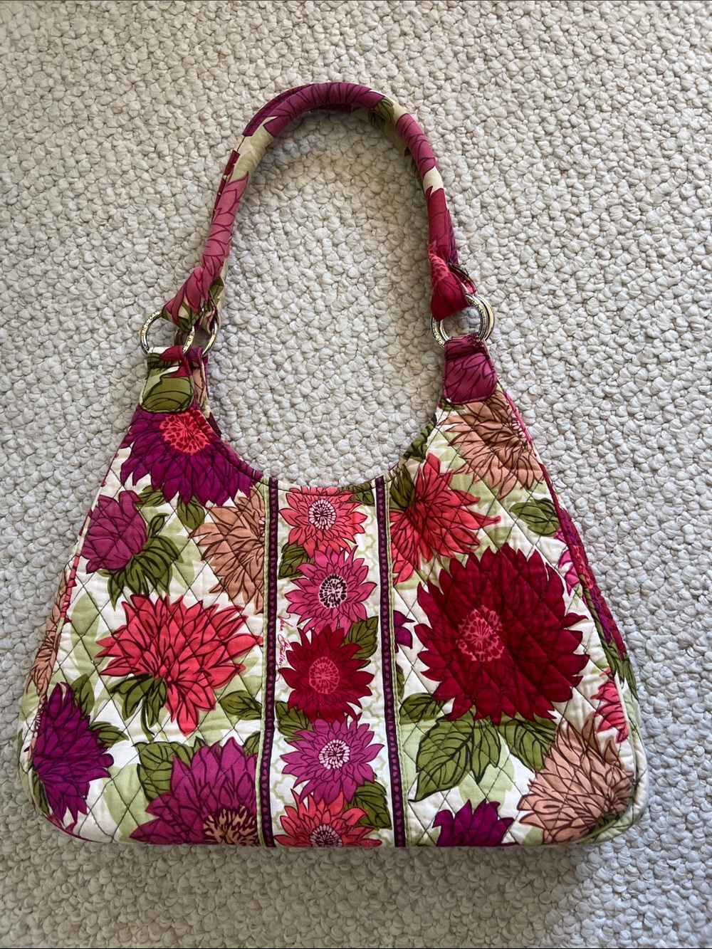 Quilted Vera Bradley shoulder bag in the vibrant "Hello Dahlia" floral pattern